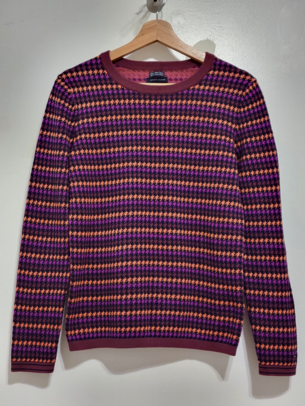 Tommy Hilfiger Houndstooth Crewneck Sweater 100% Pima Cotton Size M Fall